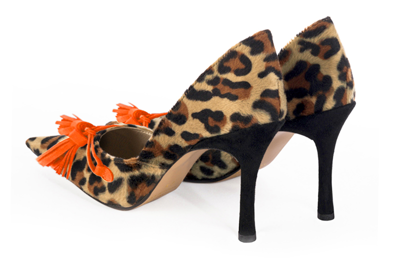 Safari black and clementine orange women's open arch dress pumps. Pointed toe. Very high slim heel. Rear view - Florence KOOIJMAN